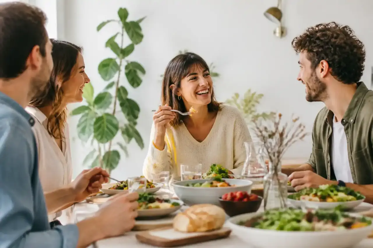 Une table de repas chaleureuse et conviviale avec des plats sains