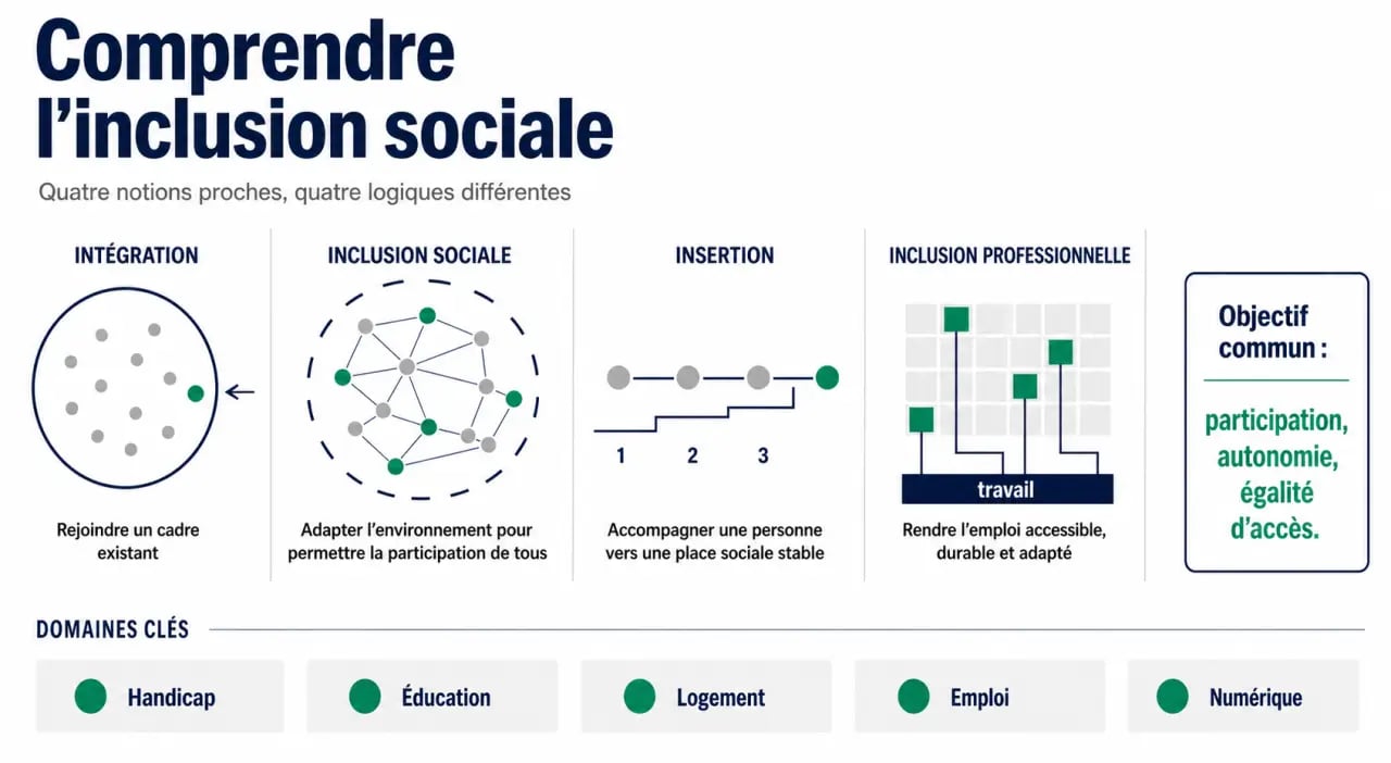 Inclusion sociale : visuel comparatif entre intégration, insertion et inclusion professionnelle