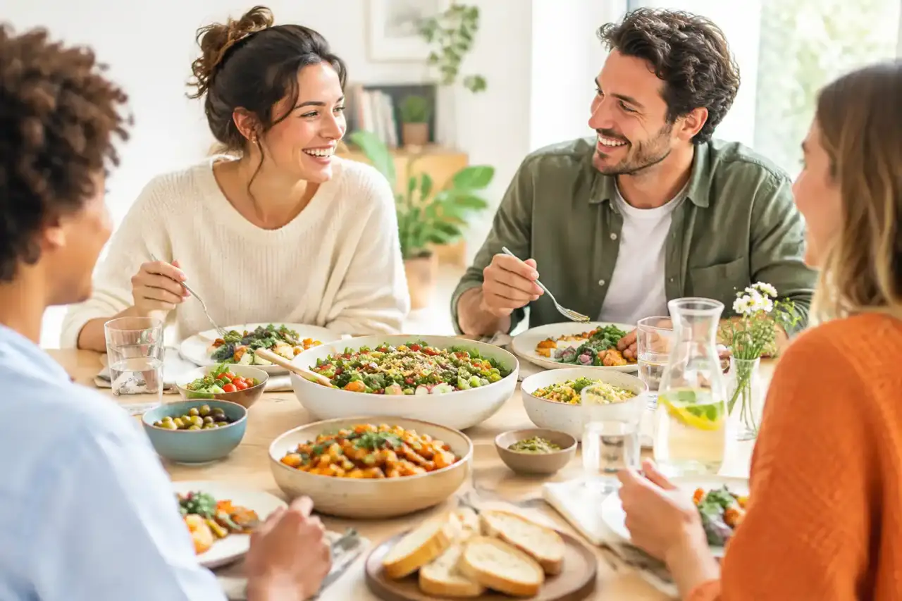 Table conviviale avec des plats simples et colorés à partager