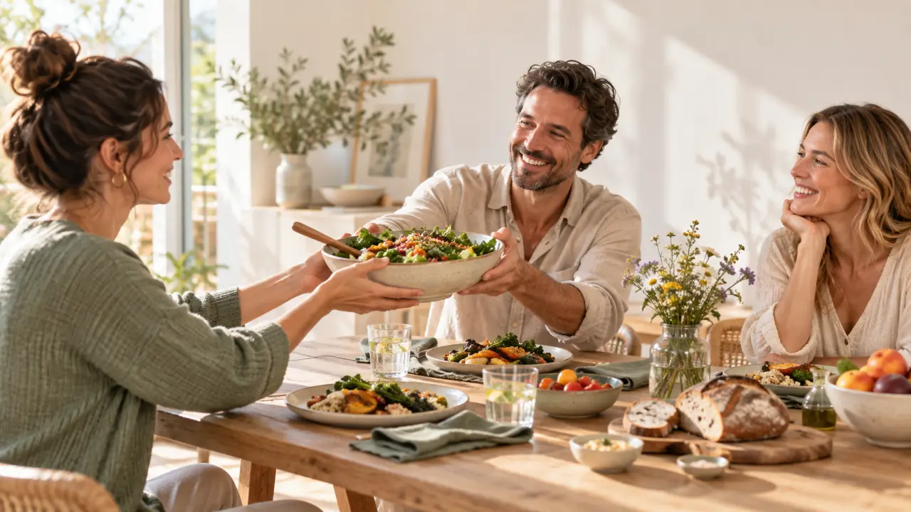 Paul partageant un repas convivial autour d’une table lumineuse