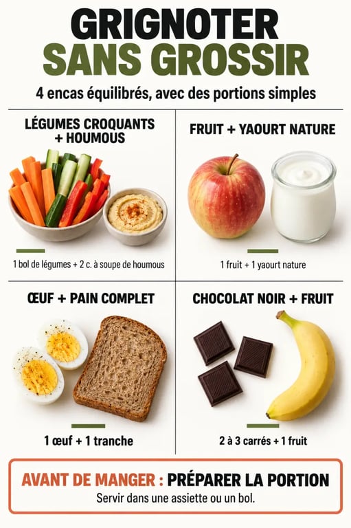 Infographie grignoter sans grossir avec idées d'encas équilibrés et repères de portions