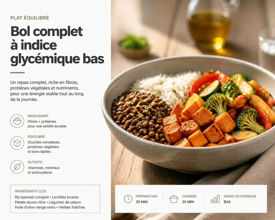 Recette ig bas plat principal avec riz basmati, lentilles et patate douce