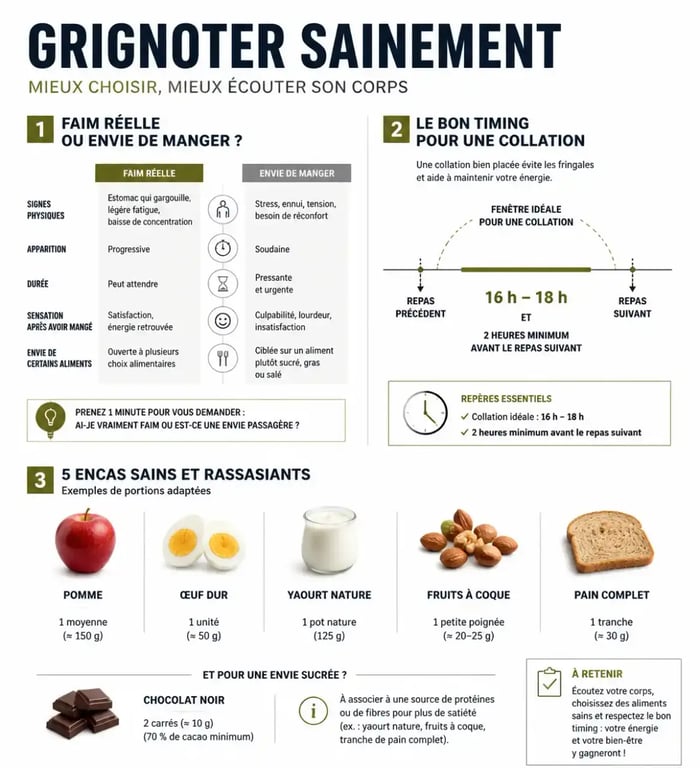 Infographie sur le grignotage sain avec repères de timing, de portions et d’encas rassasiants