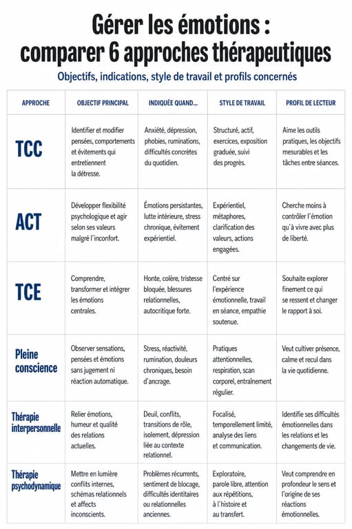 Quelle thérapie pour gérer ses émotions : tableau comparatif des approches TCC, ACT, TCE et autres thérapies