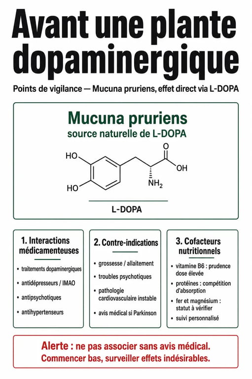 Dopamine naturelle plante : précautions, interactions et cofacteurs avant d’utiliser une plante dopaminergique