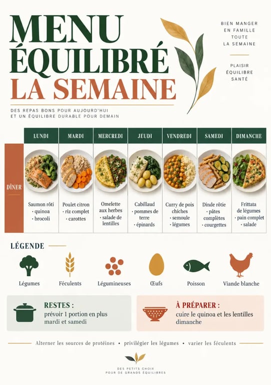Infographie d’un planning de menu équilibré semaine pour famille avec repas variés et préparation anticipée