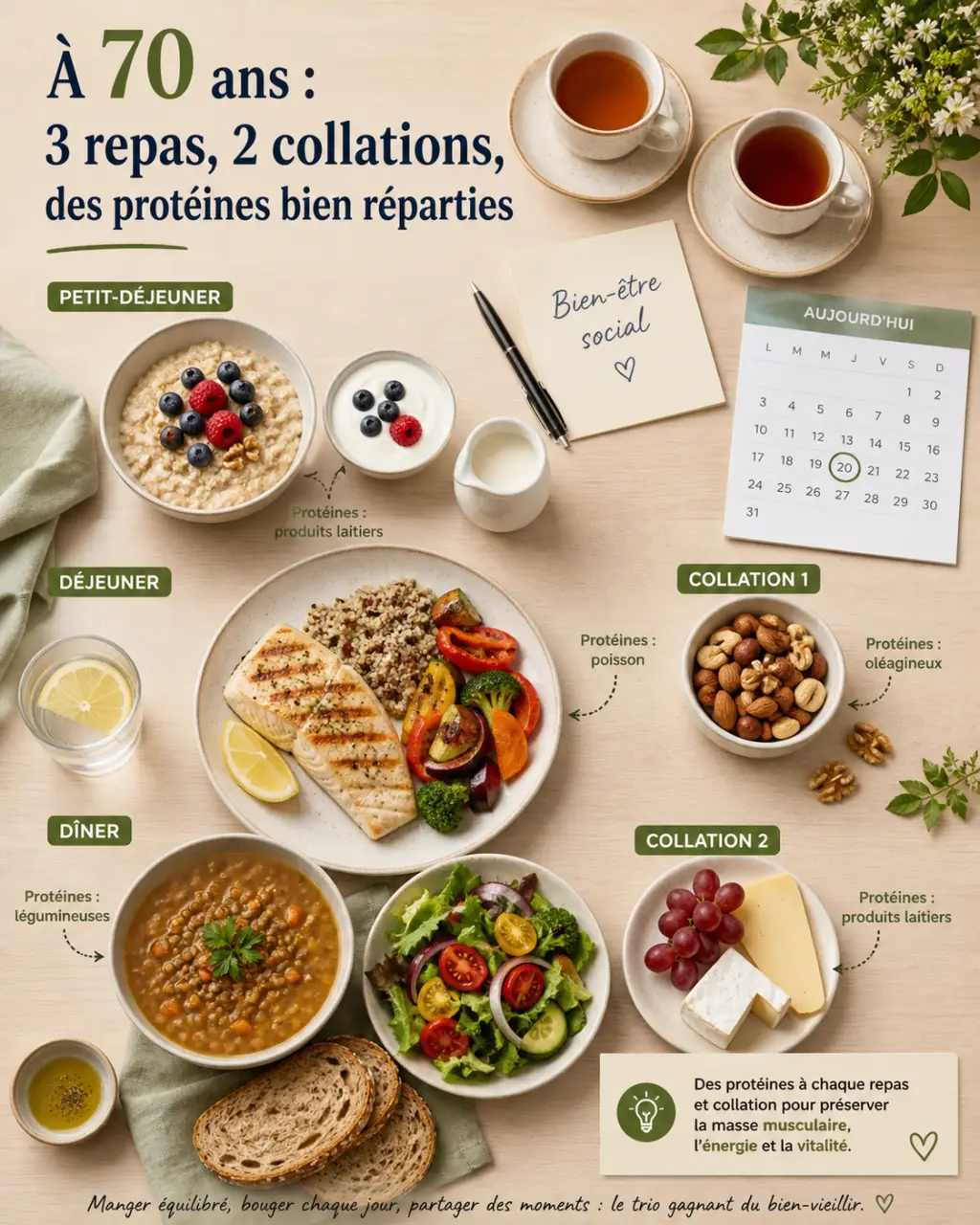 À 70 ans, un menu équilibré repose sur 3 repas, 2 collations et des protéines bien réparties