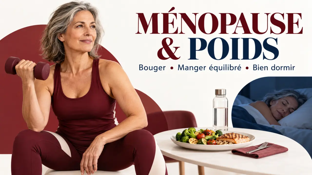Illustration des principales stratégies pour savoir comment perdre du poids menopause : alimentation équilibrée, renforcement musculaire et sommeil