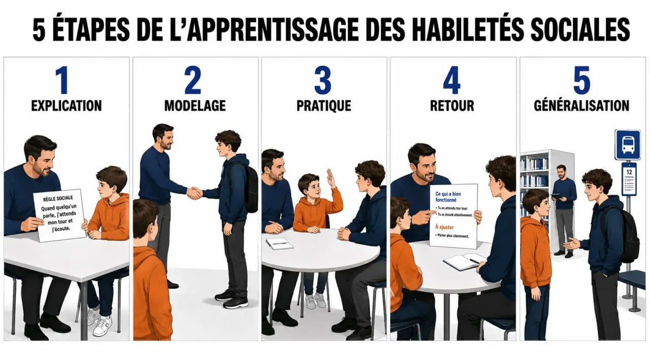 Habiletés sociales : schéma des étapes d’apprentissage et de généralisation