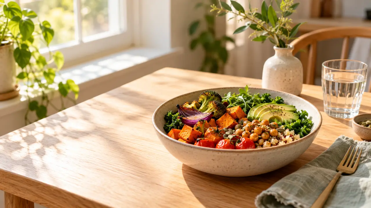 Personne préparant un repas équilibré pour une personne, dans une ambiance douce et lumineuse