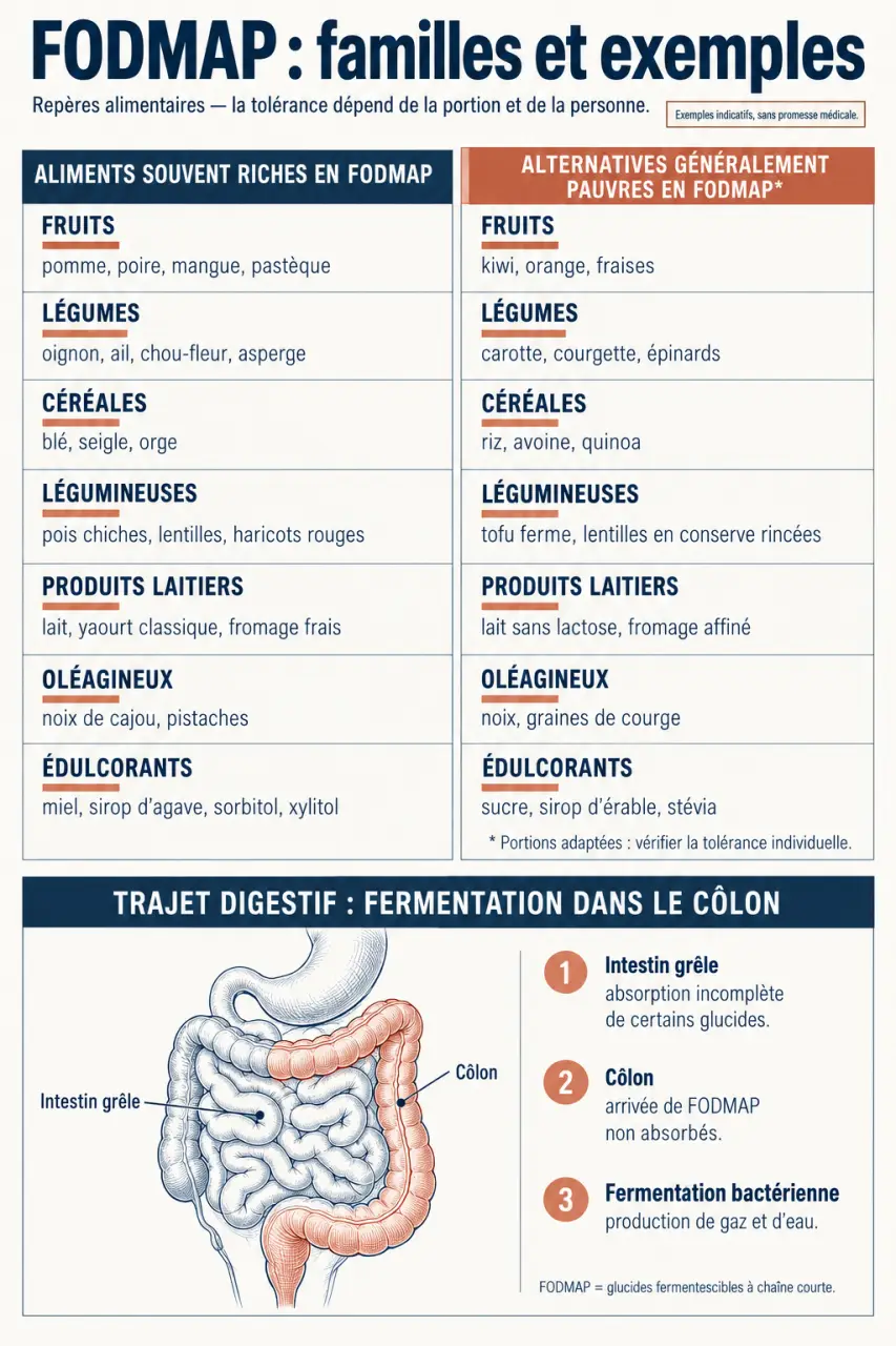 Aliments riches en FODMAP classés par familles avec alternatives pauvres en FODMAP