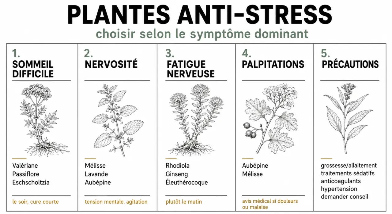 Infographie plante stress : quelles plantes selon le sommeil, la nervosité, la fatigue nerveuse et les précautions d’usage