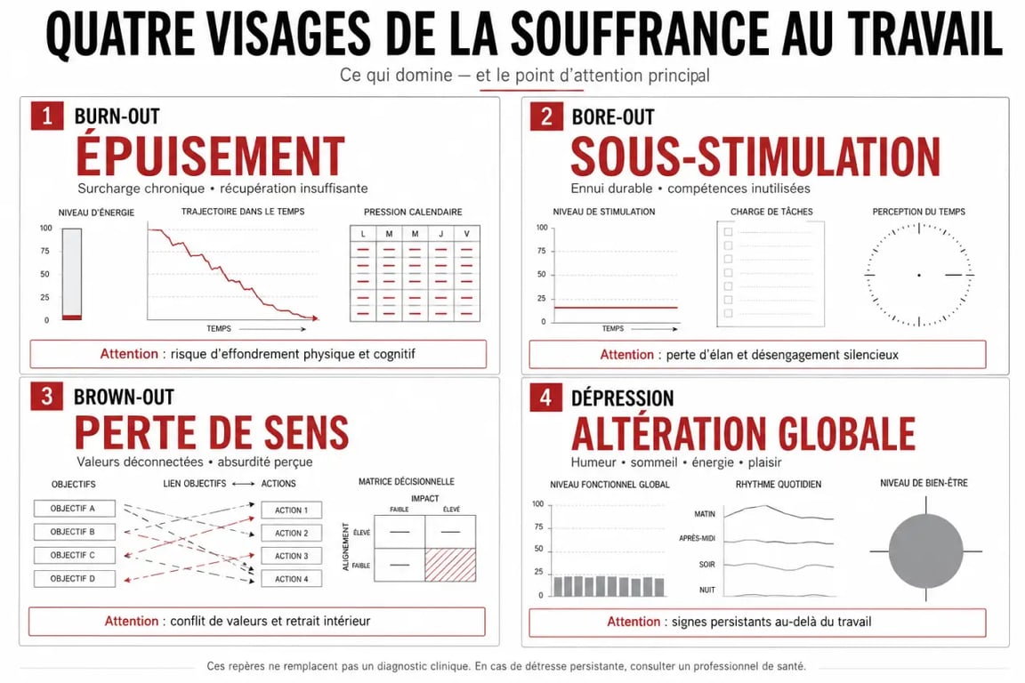 Mal être au travail que faire : distinguer burn-out, bore-out, brown-out et dépression