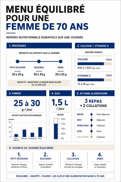 Menu équilibré femme 70 ans : repères nutritionnels essentiels pour protéines, fibres, eau et calcium