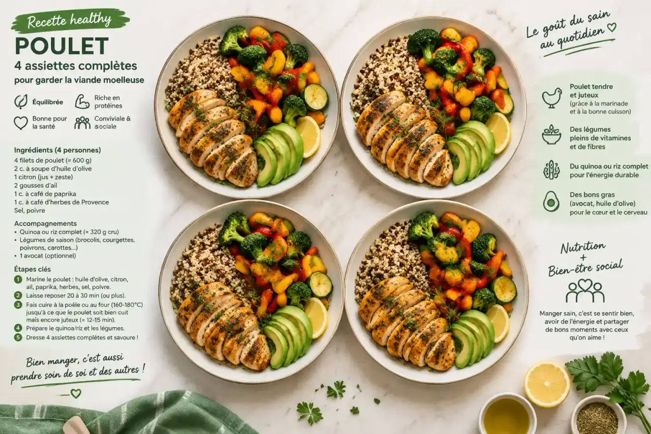 Recette healthy poulet : 4 assiettes complètes pour garder la viande moelleuse