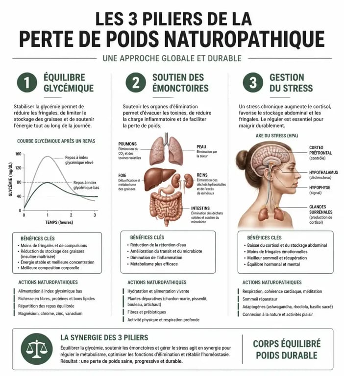 Infographie sur les piliers de la perte de poids avec un naturopathe
