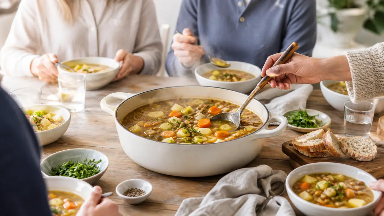 Romain tenant un bol de soupe-repas colorée dans une ambiance douce et lumineuse