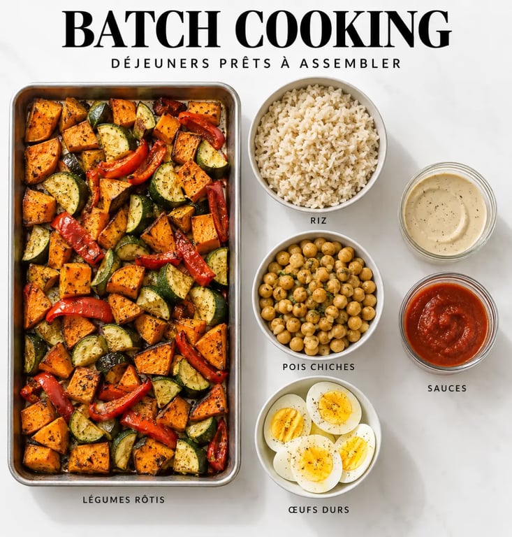 Recette repas midi préparée à l'avance avec légumes rôtis et pois chiches
