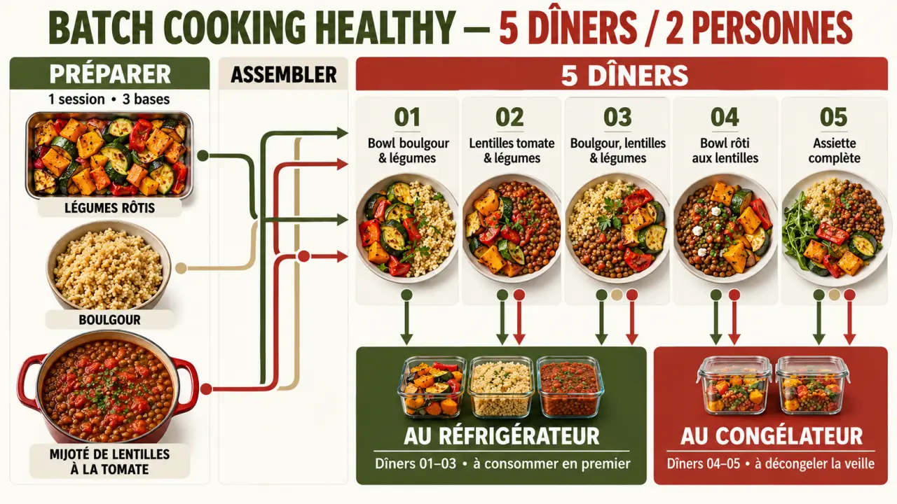 Infographie batch cooking healthy pdf gratuit avec menu sur cinq jours et organisation des portions