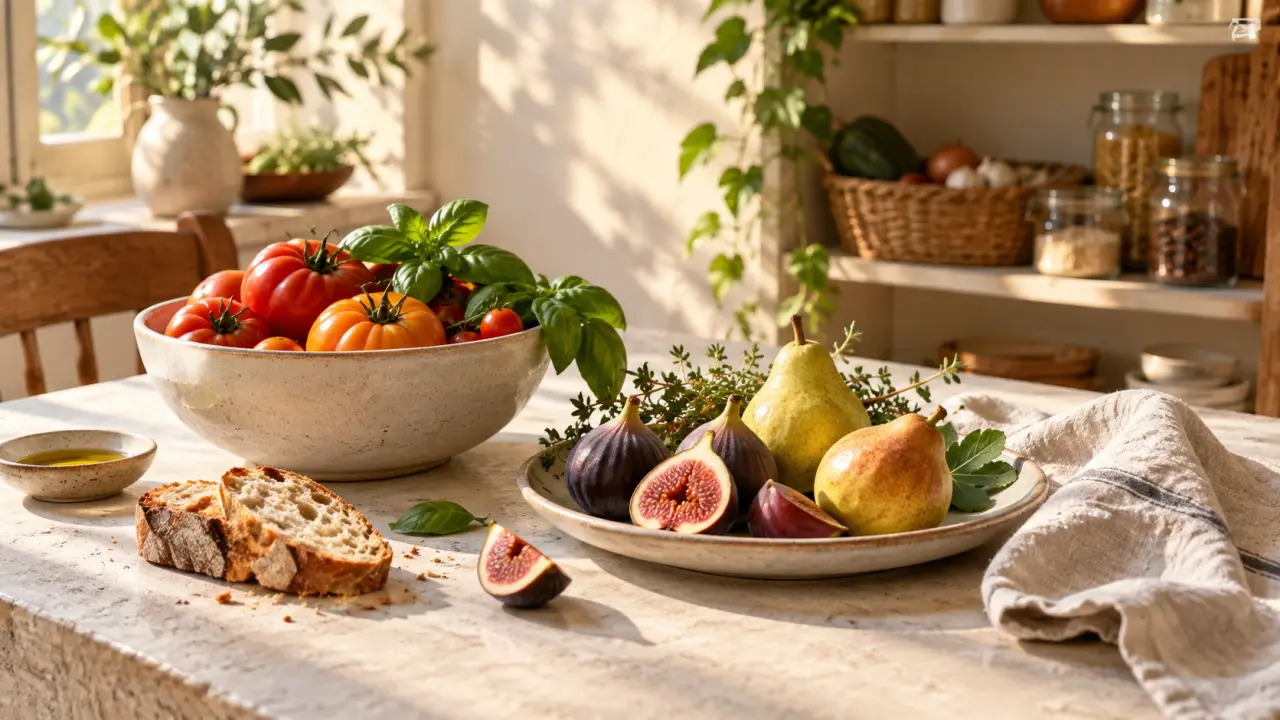 Légumes et fruits frais de saison disposés de manière épurée sur une table lumineuse
