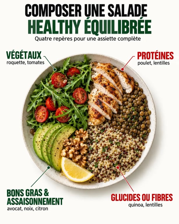 Infographie sur les quatre familles d'ingrédients d'une salade healthy équilibrée
