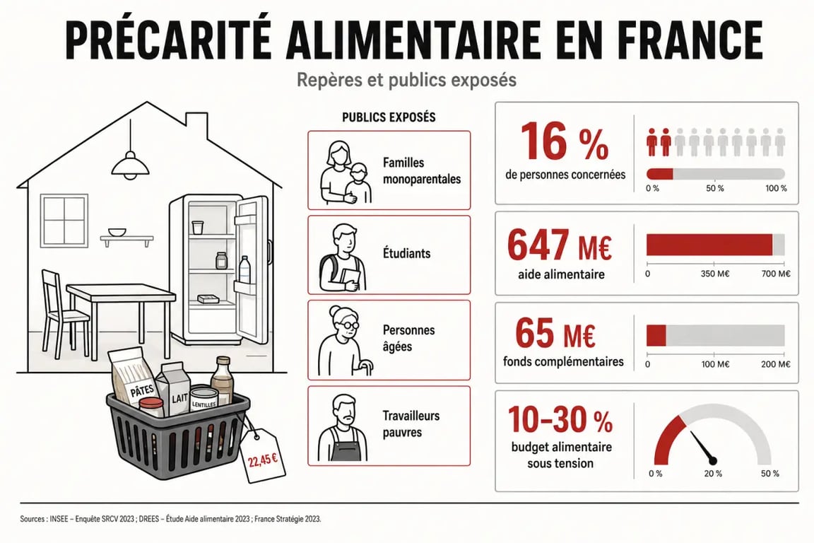 Infographie sur la précarité alimentation en France : publics exposés, chiffres clés et aides disponibles