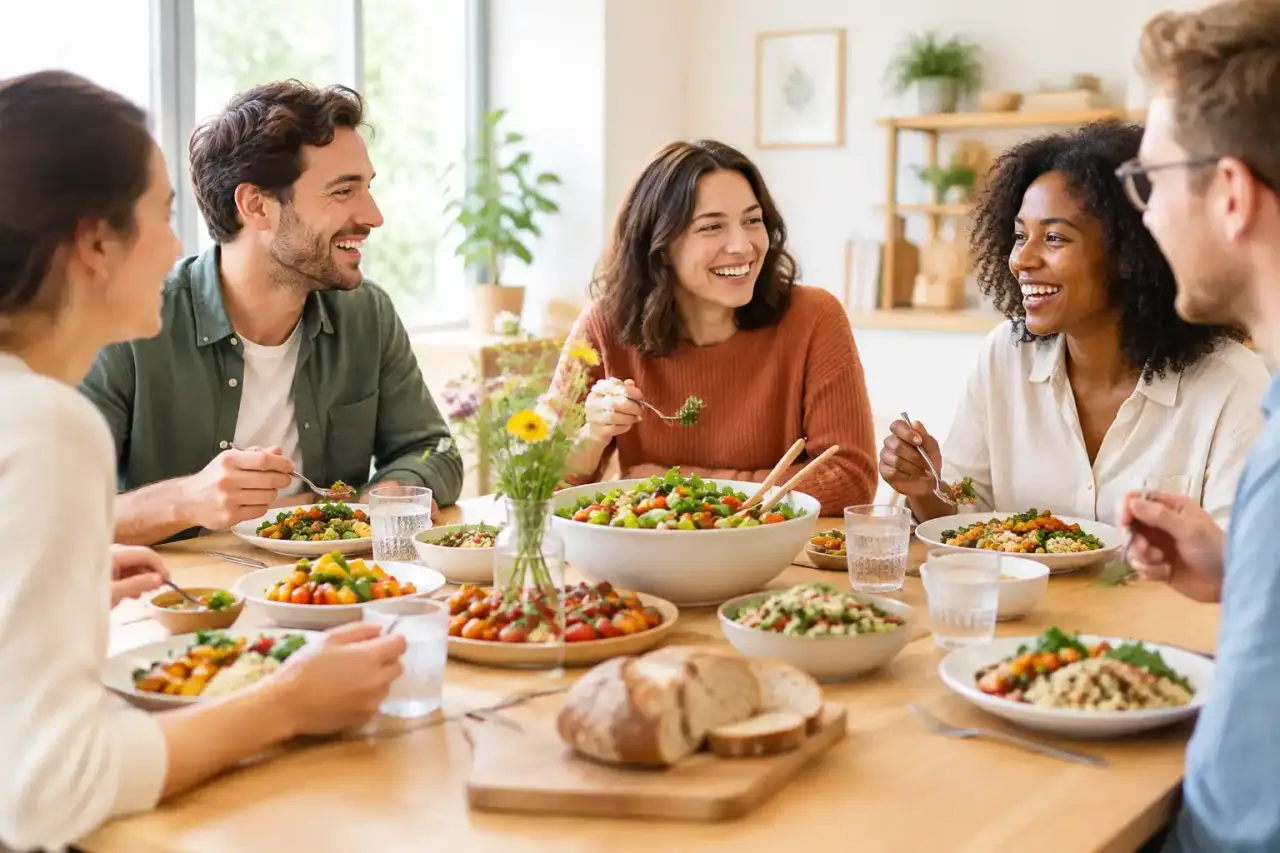 Table conviviale avec un repas simple et coloré à partager