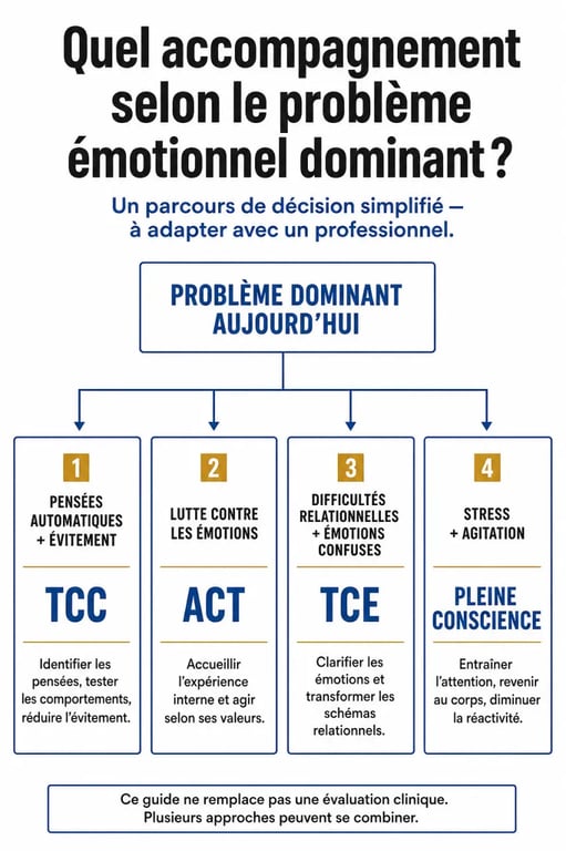 Quelle thérapie pour gérer ses émotions : parcours d’orientation entre TCC, ACT, TCE et pleine conscience