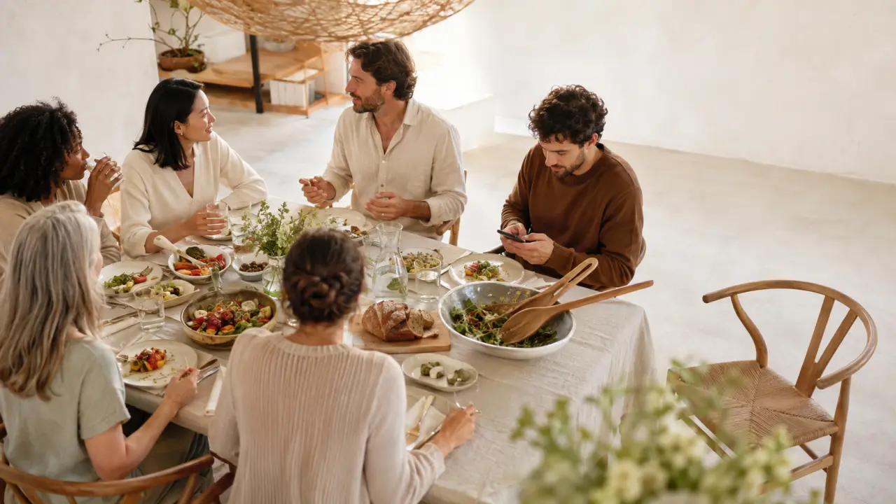 Repas convivial et table partagée dans une ambiance apaisante