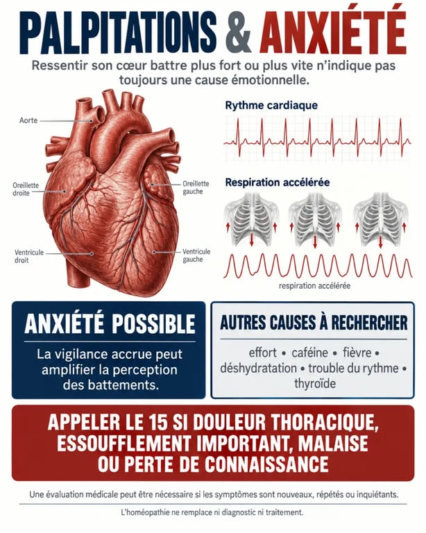 Homéopathie palpitations anxiété : schéma des causes possibles et des signes d’urgence