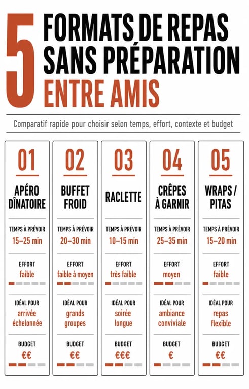 Repas sans préparation entre amis : tableau comparatif des formats les plus simples selon le temps, l’effort et le nombre d’invités