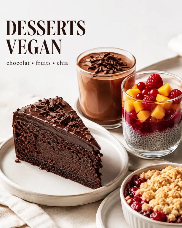 Desserts vegan recettes présentés en assortiment gourmand avec gâteau au chocolat, mousse et fruits