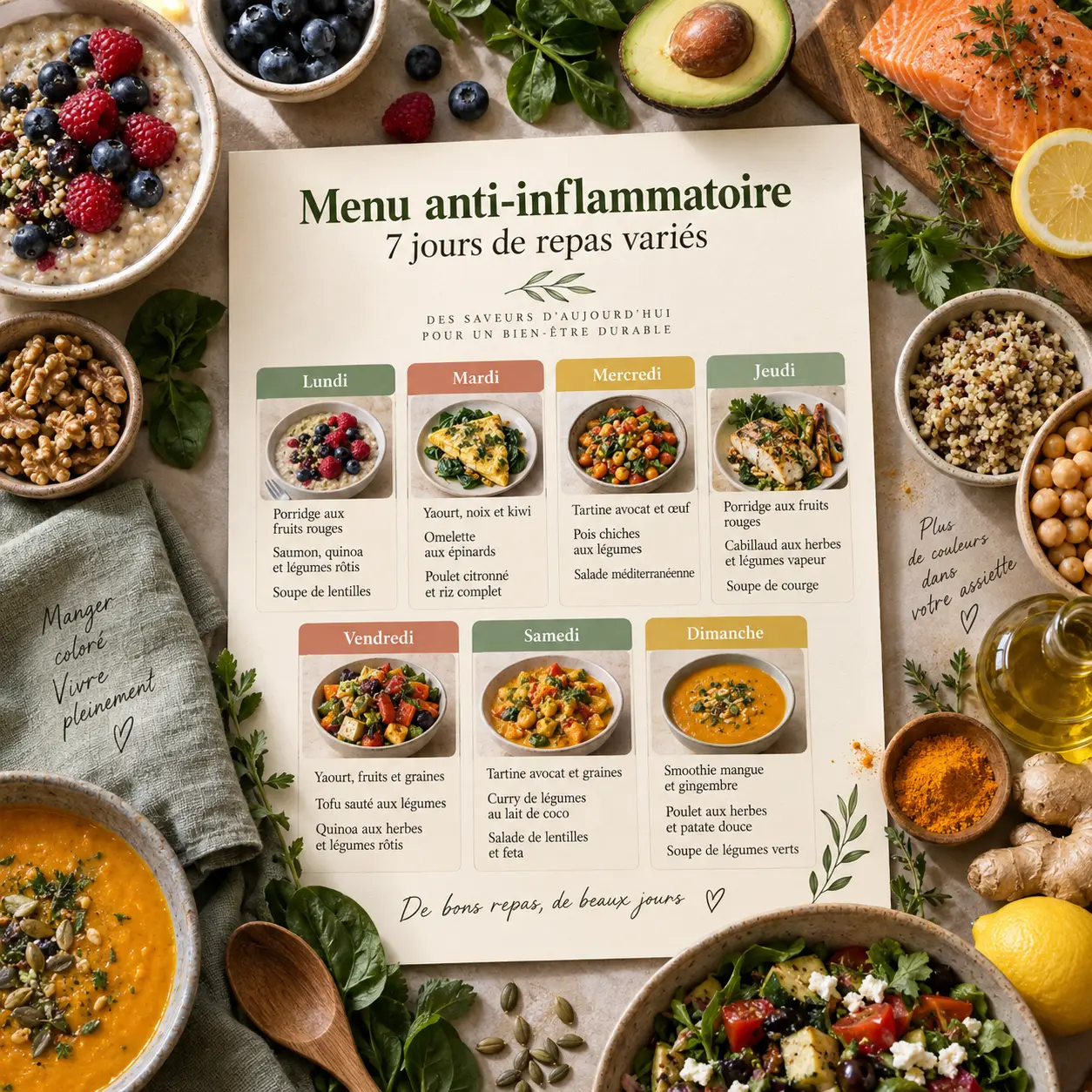 Menu anti-inflammatoire : 7 jours de repas variés, sans liste d’interdits