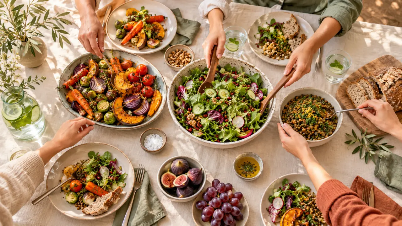 Table conviviale avec un repas équilibré à partager