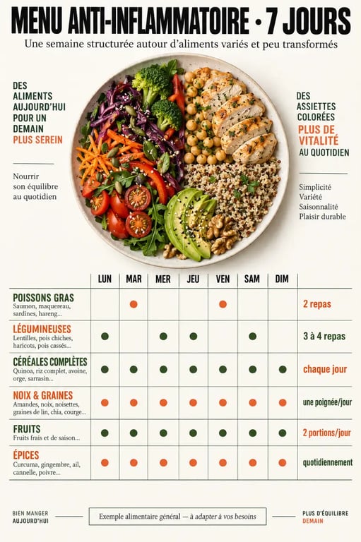 Menu anti inflammatoire : assiette équilibrée et principaux aliments à intégrer sur 7 jours