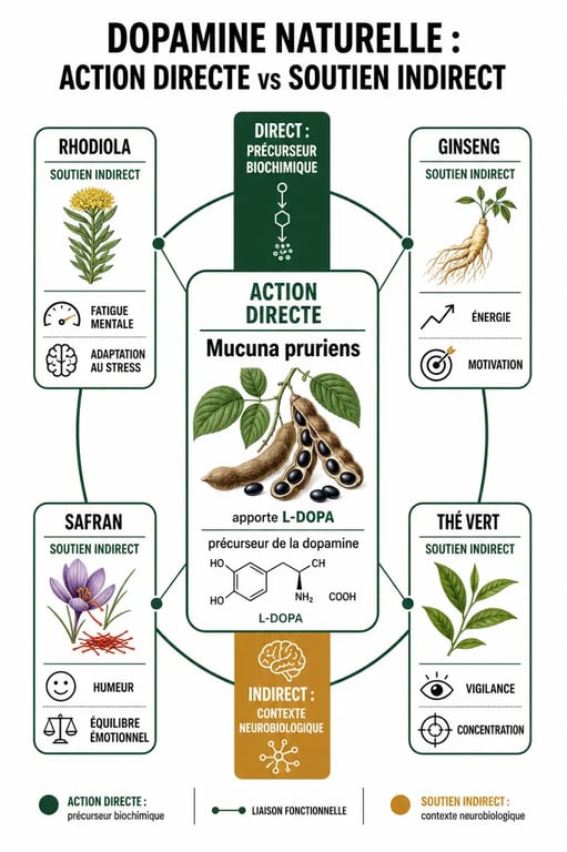 Dopamine naturelle plante : comparaison visuelle entre Mucuna pruriens, rhodiola, ginseng, safran et thé vert
