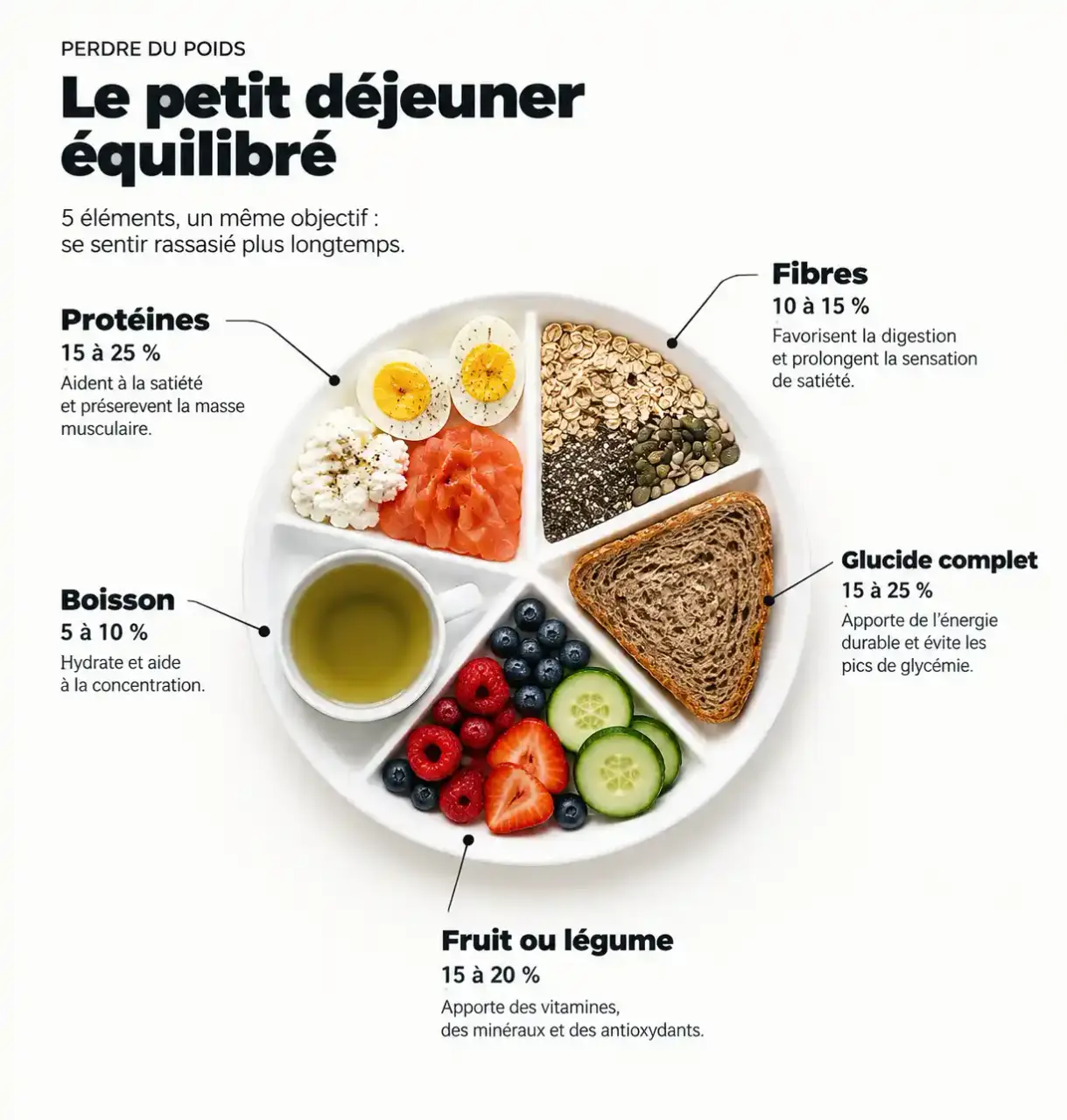 Composition d'un petit déjeuner équilibré pour perte de poids : protéines, fibres, glucide complet, fruit et boisson