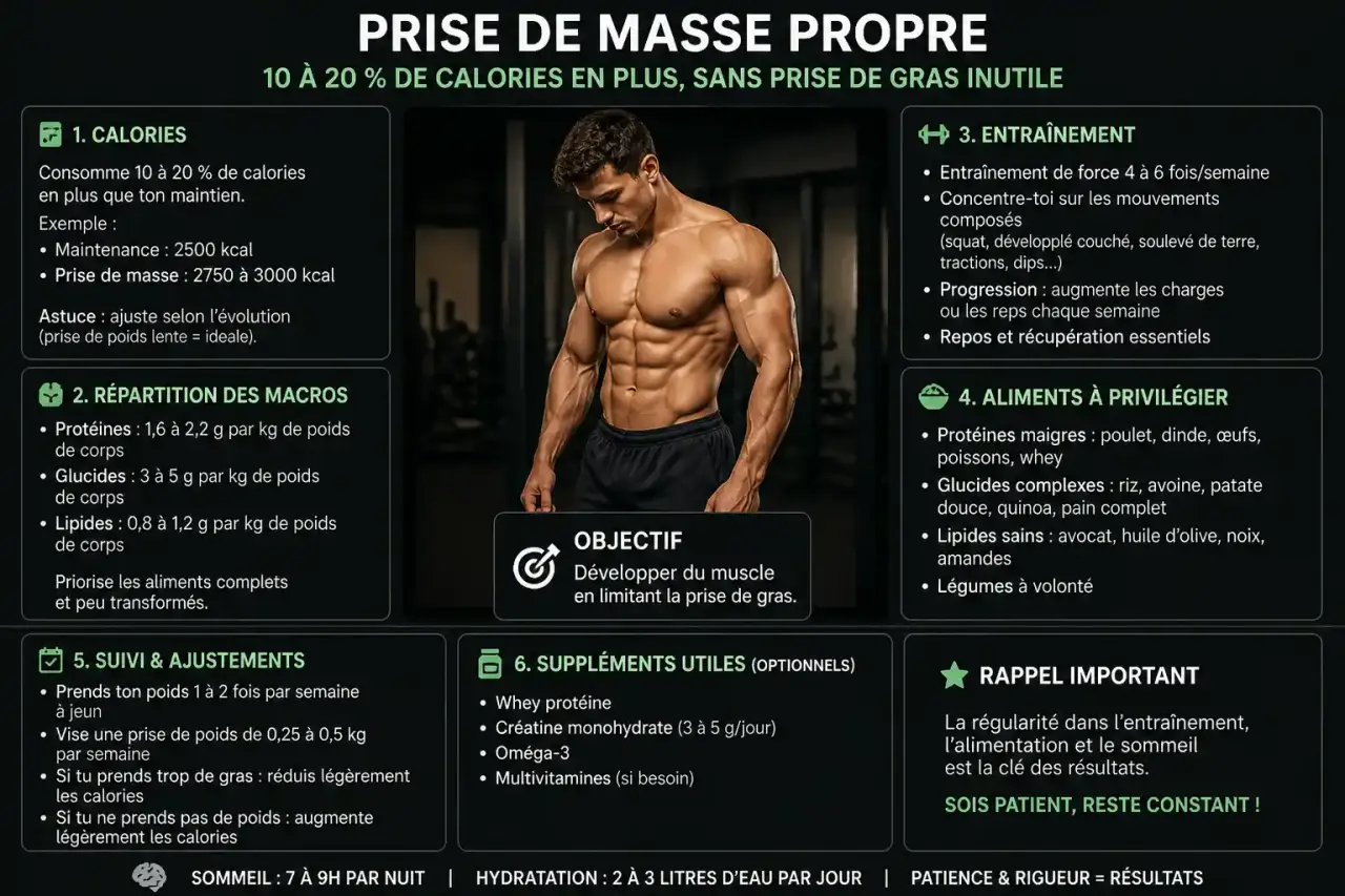 Prise de masse propre : 10 à 20 % de calories en plus, sans prise de gras inutile