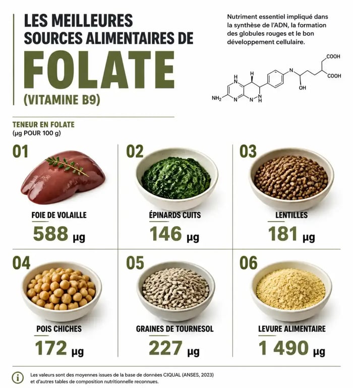 Infographie des aliments riches en folate et leur teneur en vitamine B9 pour 100 g