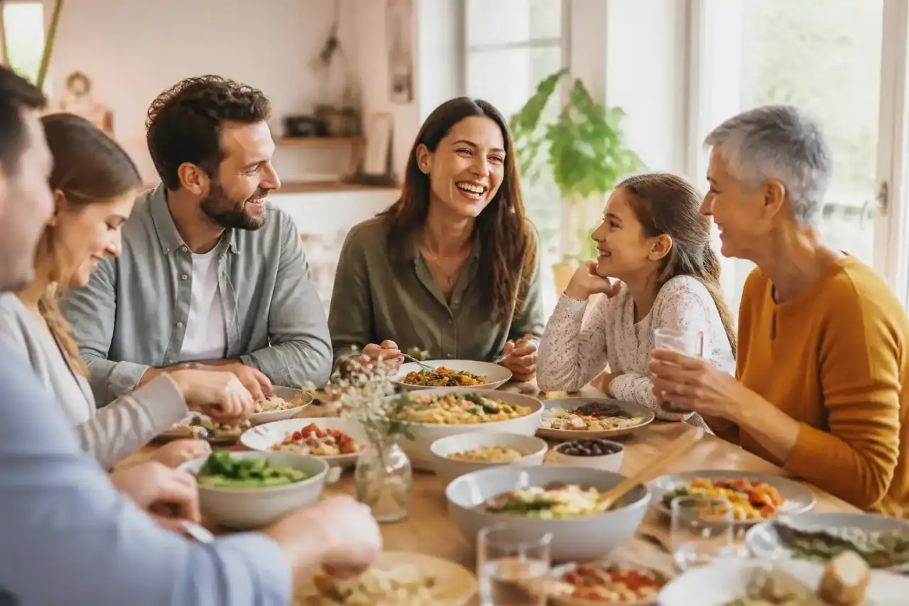 Table conviviale avec des assiettes simples et colorées partagées dans une ambiance douce