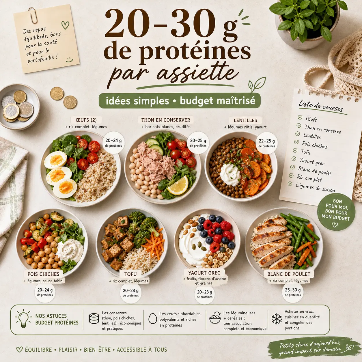 Protéine repas : 20 à 30 g par assiette, des idées simples et un budget maîtrisé