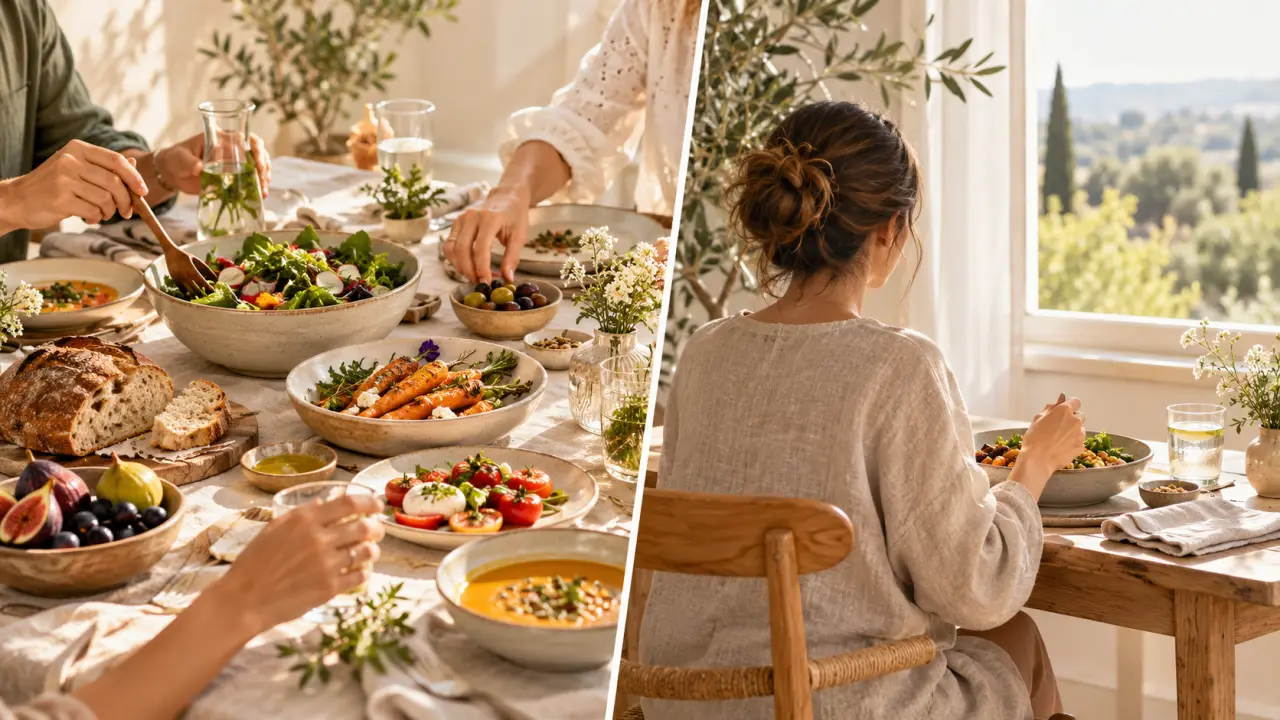 Table douce et lumineuse préparée pour un repas partagé