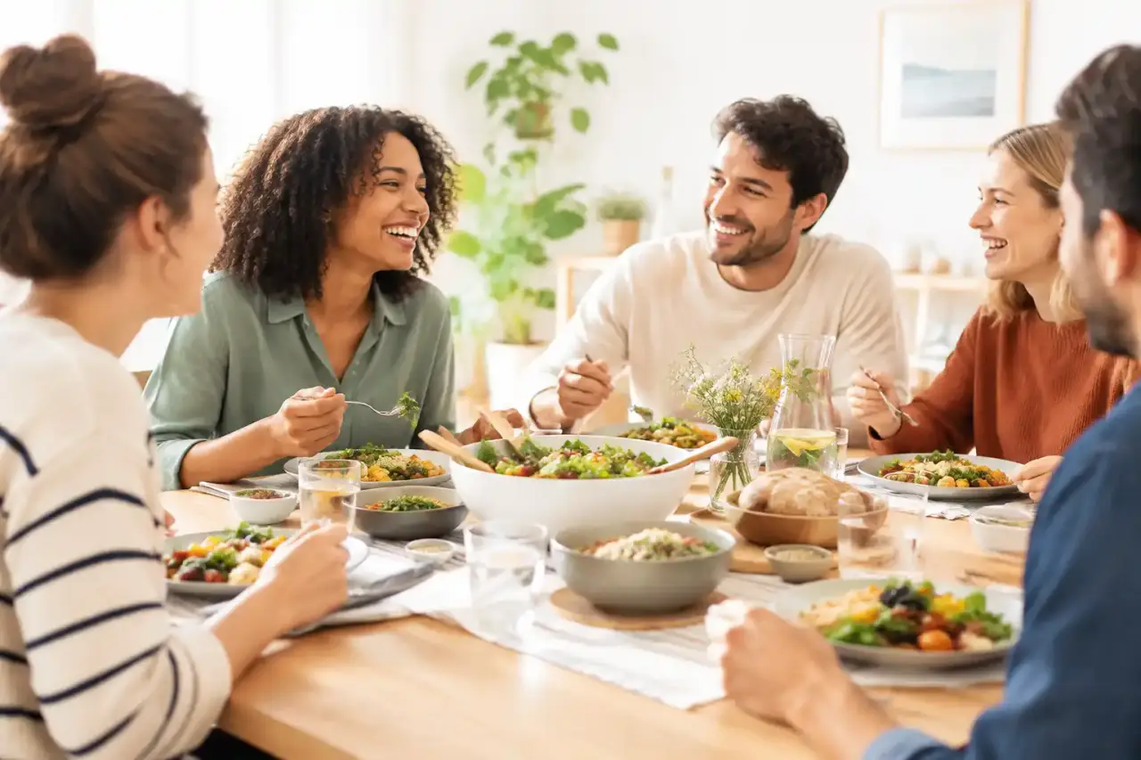 Table conviviale avec des plats à partager et des convives réunis