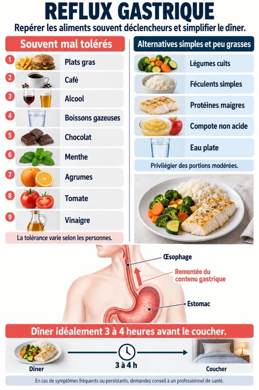 Infographie reflux gastrique aliments déclencheurs et alternatives mieux tolérées