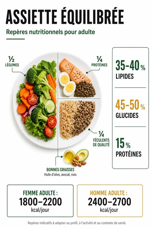 Infographie nutri conseil sur l'assiette équilibrée et les besoins caloriques