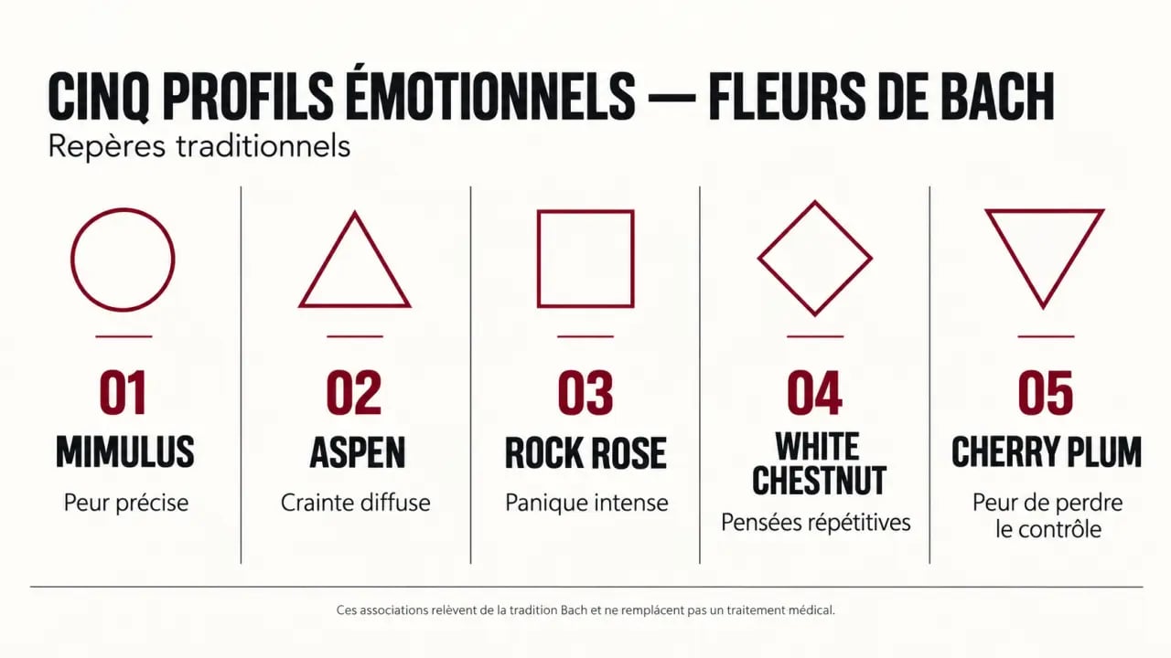 Infographie pour choisir la meilleur fleur de Bach contre les angoisses selon le type de peur