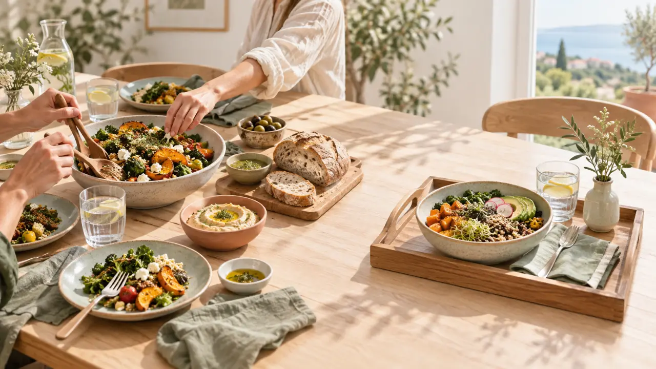 Table accueillante avec un repas partagé et une assiette individuelle