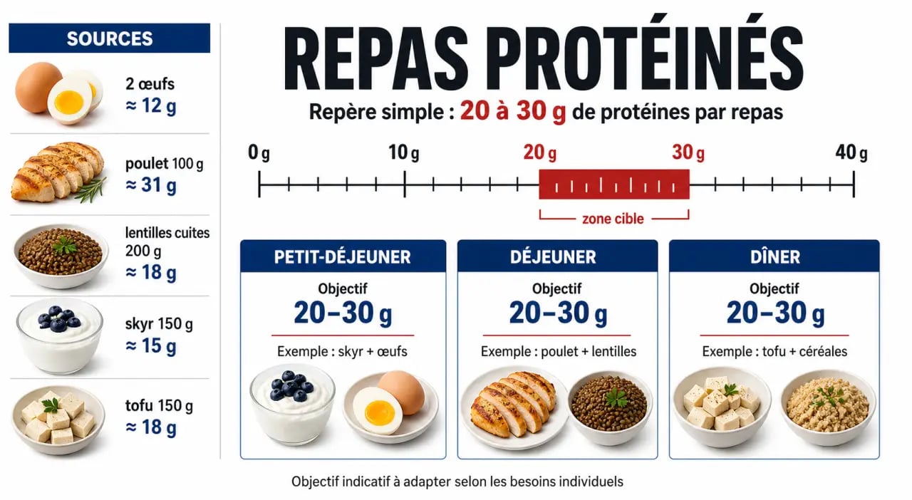 Proteine repas : repères visuels sur 20 à 30 g de protéines par repas et exemples d’aliments