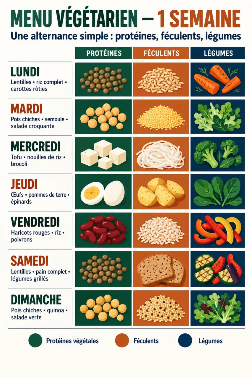 Menu 1 semaine sans viande présenté sous forme de planning végétarien avec lentilles, pois chiches, tofu, œufs et légumes
