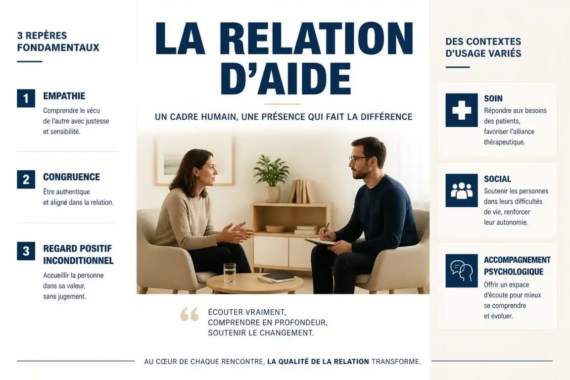 Relation d’aide : visuel éditorial sur les piliers de Carl Rogers et les contextes d’application